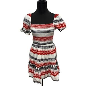 En Creme Red and Black Smocked Mini Dress with Puff Sleeves. Festive Party